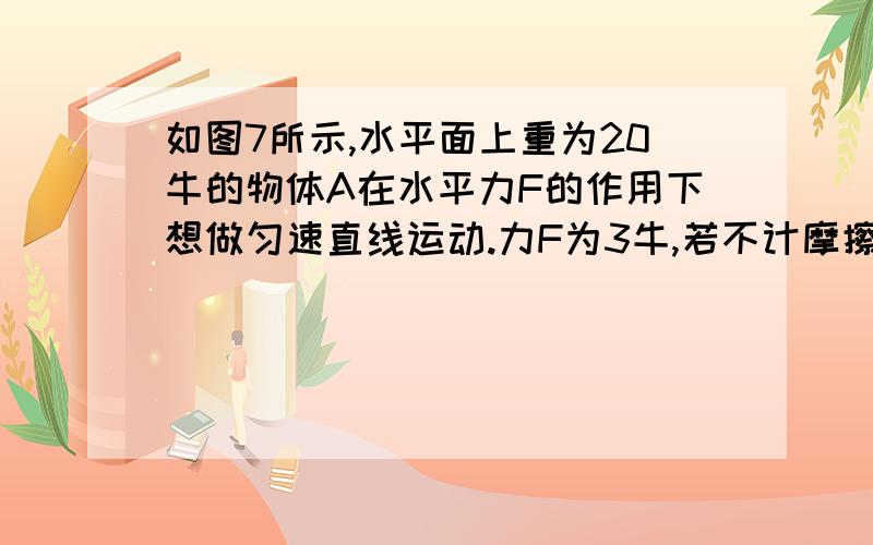 如图7所示,水平面上重为20牛的物体A在水平力F的作用下想做匀速直线运动.力F为3牛,若不计摩擦,求弹簧测力计示数.求大神帮回答.要说明理由