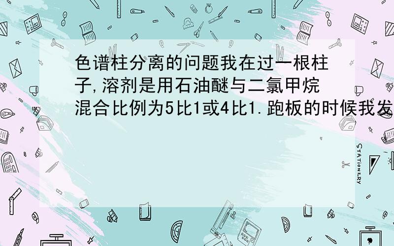 色谱柱分离的问题我在过一根柱子,溶剂是用石油醚与二氯甲烷混合比例为5比1或4比1.跑板的时候我发现里面的两个点很难分开,用4比1能勉强分开,但如果先用5比1~在跑到一半时换成4比1,那么两