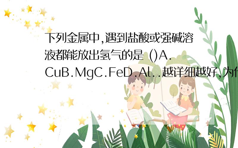 下列金属中,遇到盐酸或强碱溶液都能放出氢气的是 ()A.CuB.MgC.FeD.Al..越详细越好,为什么哪个都能放出氢气而其他三个不能?理由...希望有人帮忙