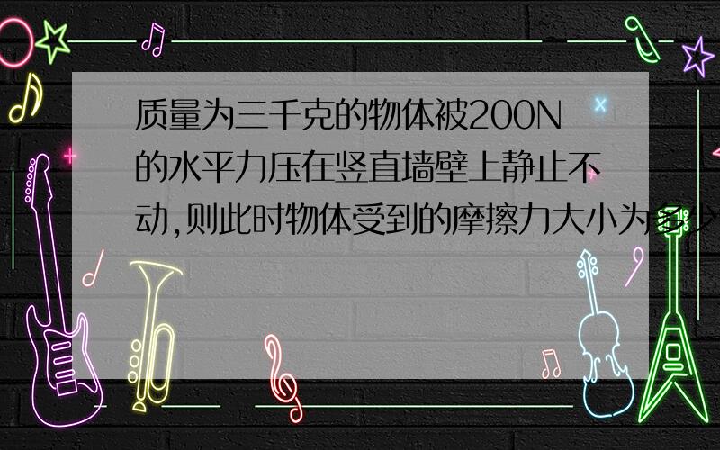 质量为三千克的物体被200N的水平力压在竖直墙壁上静止不动,则此时物体受到的摩擦力大小为多少?方向呢?