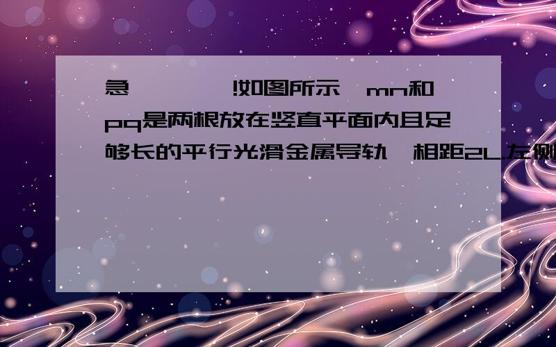 急…………!如图所示,mn和pq是两根放在竖直平面内且足够长的平行光滑金属导轨,相距2L.左侧是 补充图片