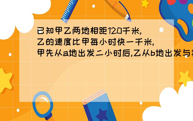 已知甲乙两地相距120千米,乙的速度比甲每小时快一千米,甲先从a地出发二小时后,乙从b地出发与家相向而行经过十小时后相遇求甲乙的速度.用方程解答.