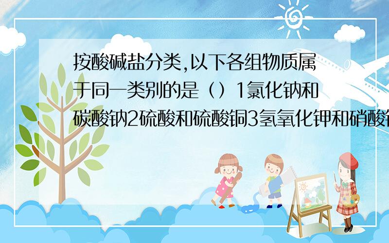 按酸碱盐分类,以下各组物质属于同一类别的是（）1氯化钠和碳酸钠2硫酸和硫酸铜3氢氧化钾和硝酸钾4氢氧化钙和碳酸钙