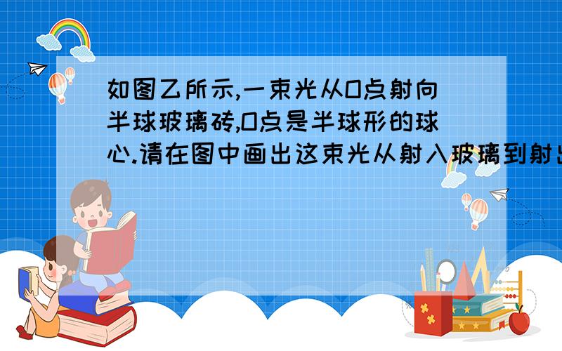 如图乙所示,一束光从O点射向半球玻璃砖,O点是半球形的球心.请在图中画出这束光从射入玻璃到射出玻璃的完整光路图.解释一下“从O点射向半球型玻璃砖”是什么意思