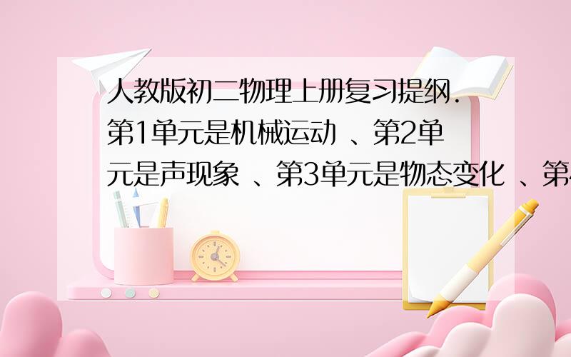 人教版初二物理上册复习提纲.第1单元是机械运动 、第2单元是声现象 、第3单元是物态变化 、第4单元是光现象 、第5单元是透镜及其应用 、第6单元是质量与密度 有得朋友