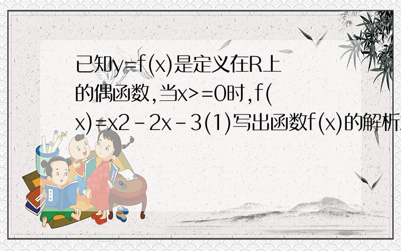 已知y=f(x)是定义在R上的偶函数,当x>=0时,f(x)=x2-2x-3(1)写出函数f(x)的解析式(2)利用对称性画出其函数的图像,并指出其单调区间（3）求出函数f(x)的最小值