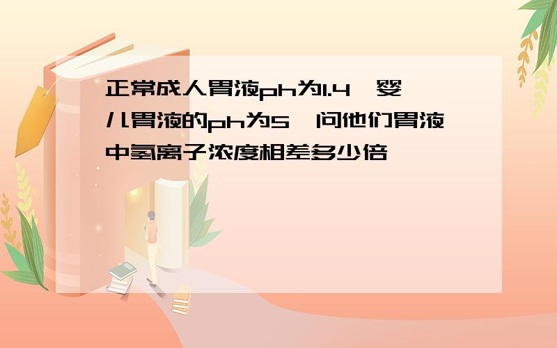 正常成人胃液ph为1.4,婴儿胃液的ph为5,问他们胃液中氢离子浓度相差多少倍