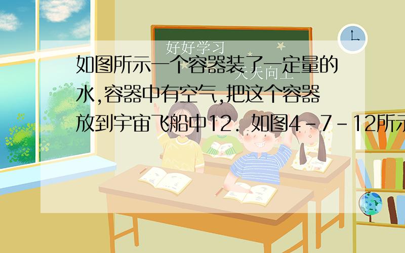 如图所示一个容器装了一定量的水,容器中有空气,把这个容器放到宇宙飞船中12．如图4-7-12所示一个容器装了一定量的水,容器中有空气,把这个容器放到宇宙飞船中,则容器中的空气形状是下列