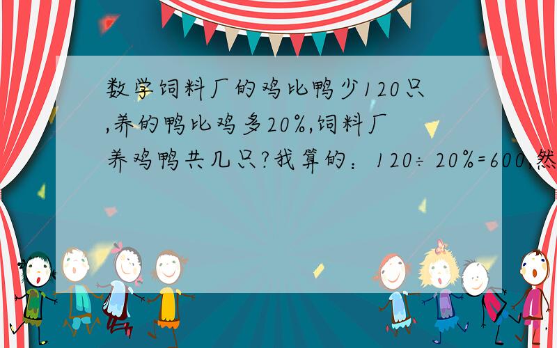 数学饲料厂的鸡比鸭少120只,养的鸭比鸡多20%,饲料厂养鸡鸭共几只?我算的：120÷20%=600,然后600是＋还是－呢?600是鸡的还是鸭的.这就是我要问的.