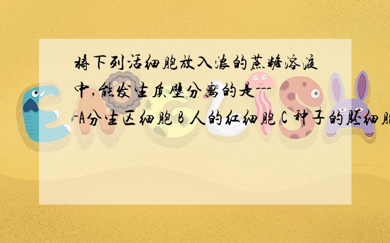 将下列活细胞放入浓的蔗糖溶液中,能发生质壁分离的是----A分生区细胞 B 人的红细胞 C 种子的胚细胞 D 根毛细胞我想知道为什么