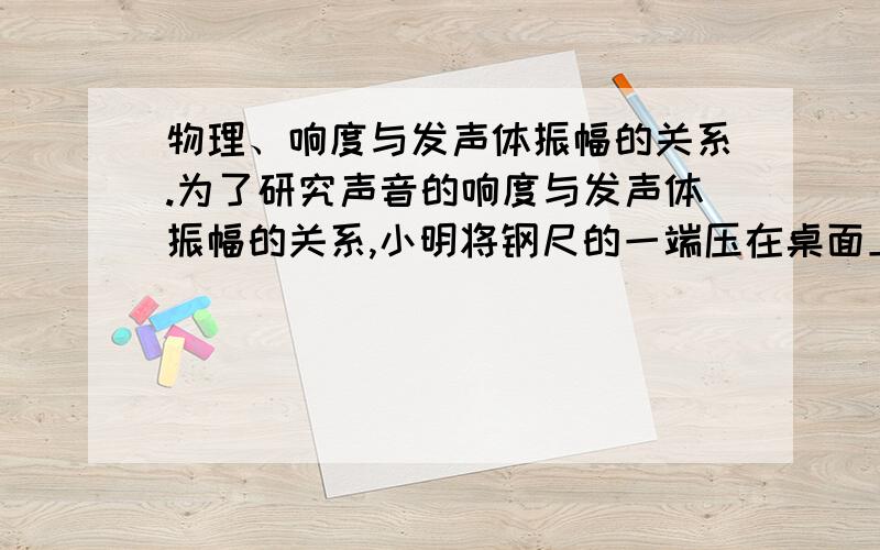 物理、响度与发声体振幅的关系.为了研究声音的响度与发声体振幅的关系,小明将钢尺的一端压在桌面上,保持钢尺伸出桌边的长度一定,分别用大小不同的力上下波拨动钢尺的一端,发现钢尺