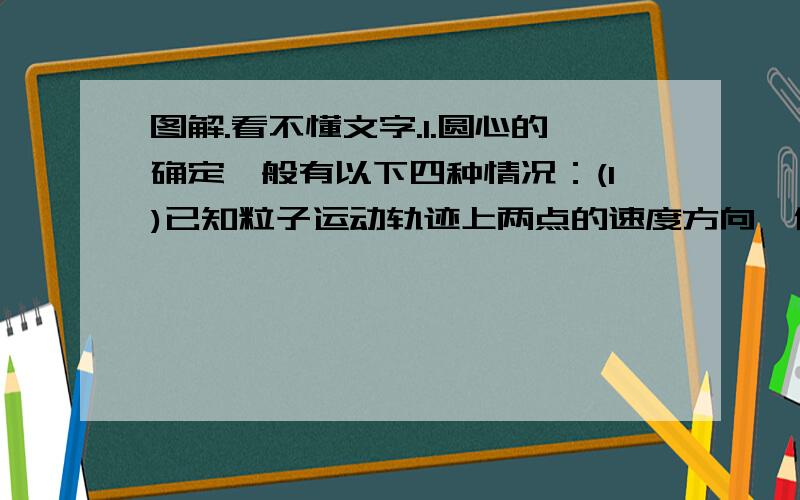 图解.看不懂文字.1.圆心的确定一般有以下四种情况：(1)已知粒子运动轨迹上两点的速度方向,作这两速度的垂线,交点即为圆心.(2)已知粒子入射点、入射方向及运动轨迹上的一条弦,作速度方