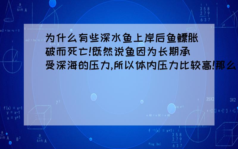 为什么有些深水鱼上岸后鱼鳔胀破而死亡!既然说鱼因为长期承受深海的压力,所以体内压力比较高!那么我们知道岸上的压力是要比水里的压力小的,那么这样的话气体怎么还会进入鱼的身体内