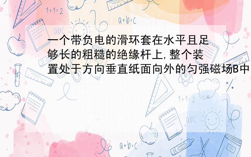 一个带负电的滑环套在水平且足够长的粗糙的绝缘杆上,整个装置处于方向垂直纸面向外的匀强磁场B中,现给滑环施以一个水平向右的瞬时冲量,使其获得一个初速度则滑环在杆上的运动情况可