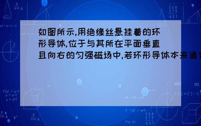 如图所示,用绝缘丝悬挂着的环形导体,位于与其所在平面垂直且向右的匀强磁场中,若环形导体本来通有如图所示方向的电流I,度判断环形导体的运动情况.A．环形异体向右倾斜B．环形导体仍