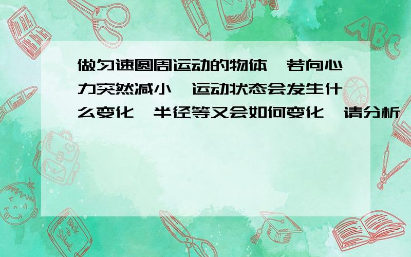 做匀速圆周运动的物体,若向心力突然减小,运动状态会发生什么变化,半径等又会如何变化,请分析