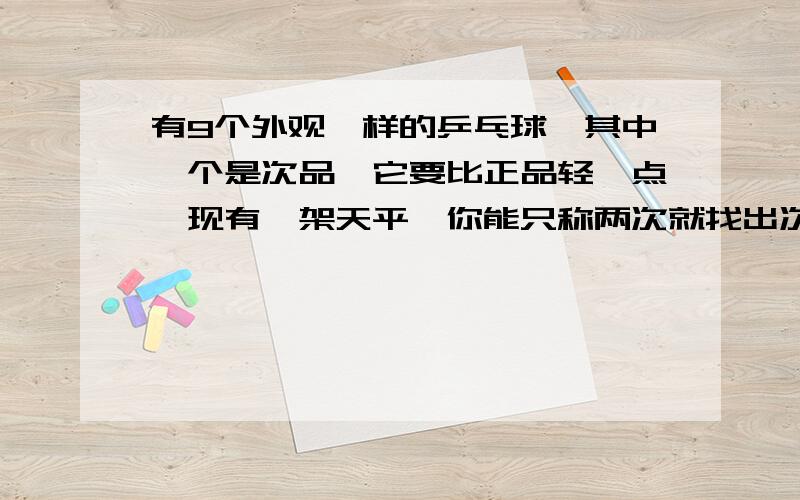 有9个外观一样的乒乓球,其中一个是次品,它要比正品轻一点,现有一架天平,你能只称两次就找出次品吗?