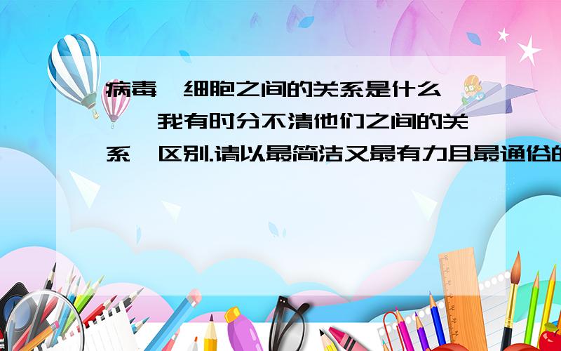 病毒,细胞之间的关系是什么》》》我有时分不清他们之间的关系,区别.请以最简洁又最有力且最通俗的语言说明一下.