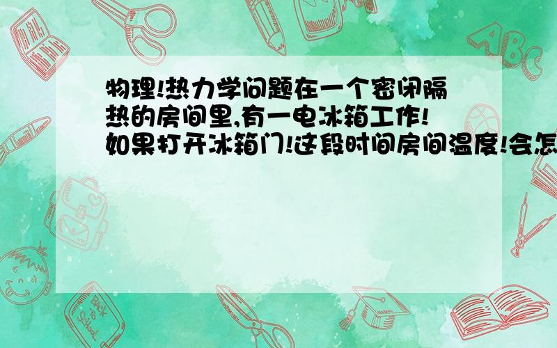 物理!热力学问题在一个密闭隔热的房间里,有一电冰箱工作!如果打开冰箱门!这段时间房间温度!会怎么变化（假设电能传递效率百分百,冰箱内阻不发热!）问室内 温度升高还是降低，还是不