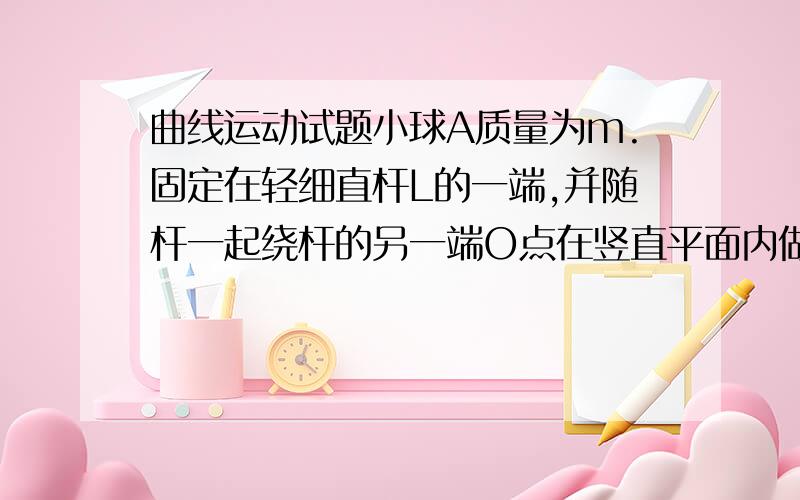 曲线运动试题小球A质量为m.固定在轻细直杆L的一端,并随杆一起绕杆的另一端O点在竖直平面内做圆周运动.如果小球经过最高位置时,杆对球的作用力为拉力,拉力大小等于球的重力.求 (1) 球的