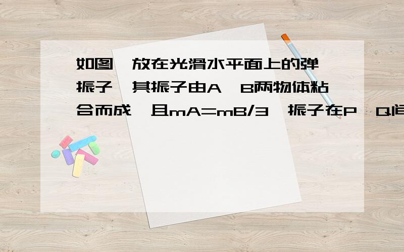 如图,放在光滑水平面上的弹簧振子,其振子由A,B两物体粘合而成,且mA=mB/3,振子在P,Q间振动,O为平衡位置,振动能量为E.（1）若当振子向右运动到达平衡位置O点时,A,B两物脱开,则脱开后振动系统