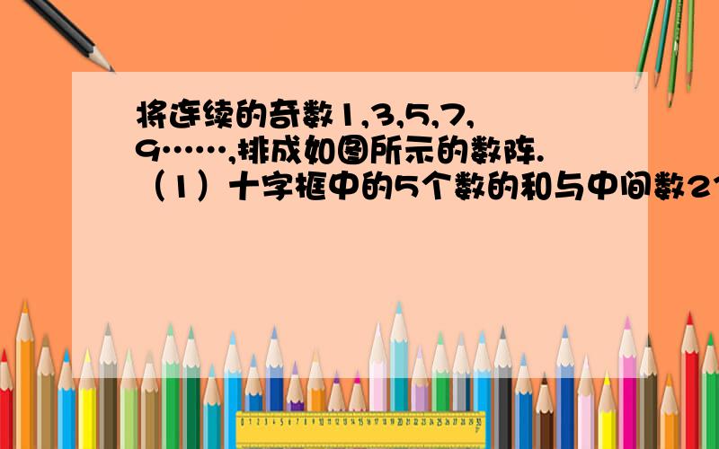 将连续的奇数1,3,5,7,9……,排成如图所示的数阵.（1）十字框中的5个数的和与中间数23有什么关系?（7、21、23、25、39）（2）设中间数为a,用代数式表示十字框中5数之和.（3）将十字框中上下左