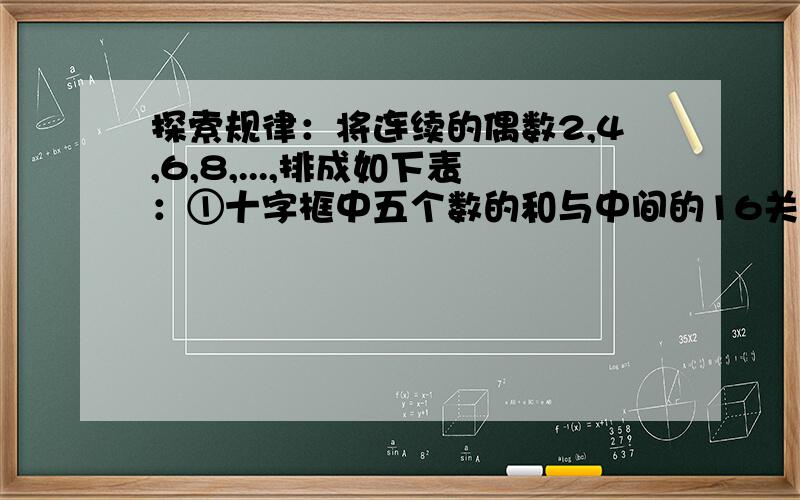 探索规律：将连续的偶数2,4,6,8,...,排成如下表：①十字框中五个数的和与中间的16关系?②设中间的数为x,用代数式表示五个数的和.③若十字框上下左右移动,可框住另外五个数,其他五个数之