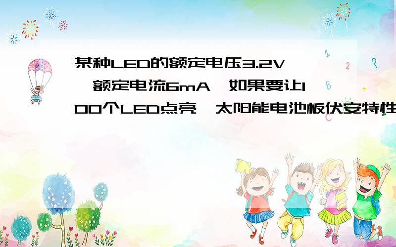 某种LED的额定电压3.2V、额定电流6mA,如果要让100个LED点亮,太阳能电池板伏安特性曲线如下图,求太阳能电池板和LED应如何接法?