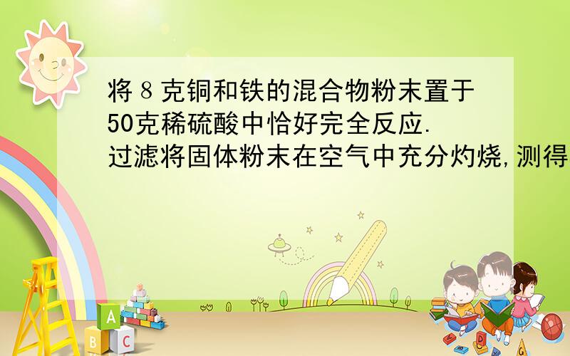 将８克铜和铁的混合物粉末置于50克稀硫酸中恰好完全反应.过滤将固体粉末在空气中充分灼烧,测得其反应后的固体质量仍为8克.　　求：（１）原固体粉末中铜的质量分数?（２）生成氢气的