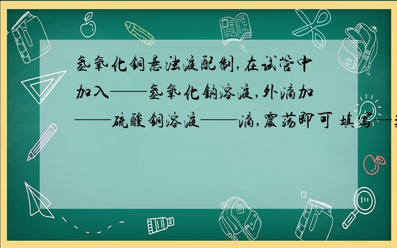 氢氧化铜悬浊液配制,在试管中加入——氢氧化钠溶液,外滴加——硫酸铜溶液——滴,震荡即可 填写—氢氧化铜悬浊液配制,在试管中加入——氢氧化钠溶液,外滴加——硫酸铜溶液——滴,震荡