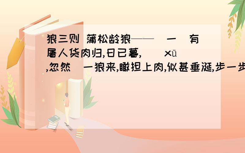 狼三则 蒲松龄狼——（一）有屠人货肉归,日已暮,欻（xū,忽然）一狼来,瞰担上肉,似甚垂涎,步一步,尾行数里.屠惧,示之以刃,则稍却；既走,（狼）又从之.屠无计,默念狼所欲者肉,不如姑悬诸