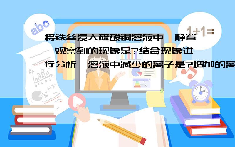 将铁丝浸入硫酸铜溶液中,静置,观察到的现象是?结合现象进行分析,溶液中减少的离子是?增加的离子是?