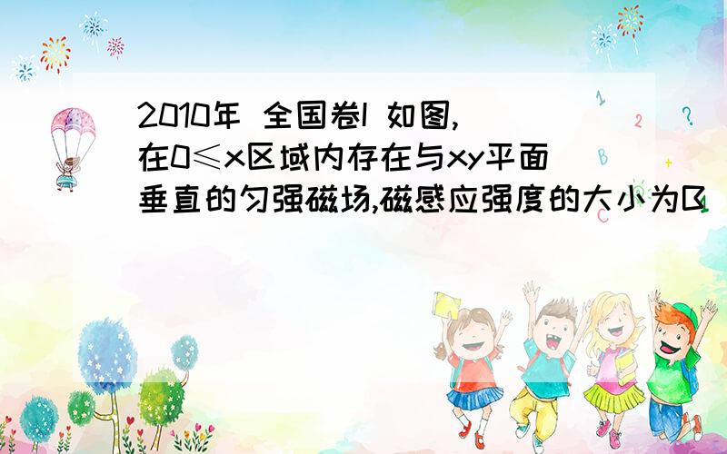 2010年 全国卷I 如图,在0≤x区域内存在与xy平面垂直的匀强磁场,磁感应强度的大小为B．在t=0时刻,一位于坐标原点的粒子源在xy平面内发射出大量同种带电粒子,所有粒子的初速度大小相同,方向