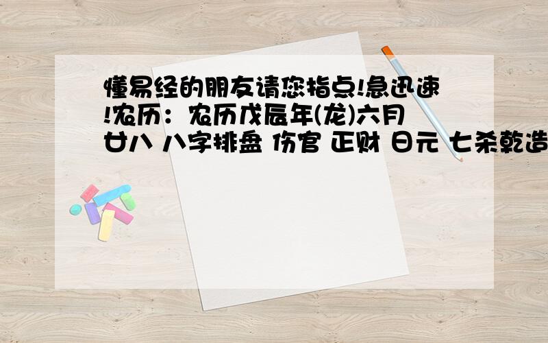 懂易经的朋友请您指点!急迅速!农历：农历戊辰年(龙)六月廿八 八字排盘 伤官 正财 日元 七杀乾造：戊 庚 丁 癸辰 申 酉 卯（辰巳空） 乙偏印 戊伤官 辛偏财 乙偏印戊伤官 庚正财 癸七杀 壬