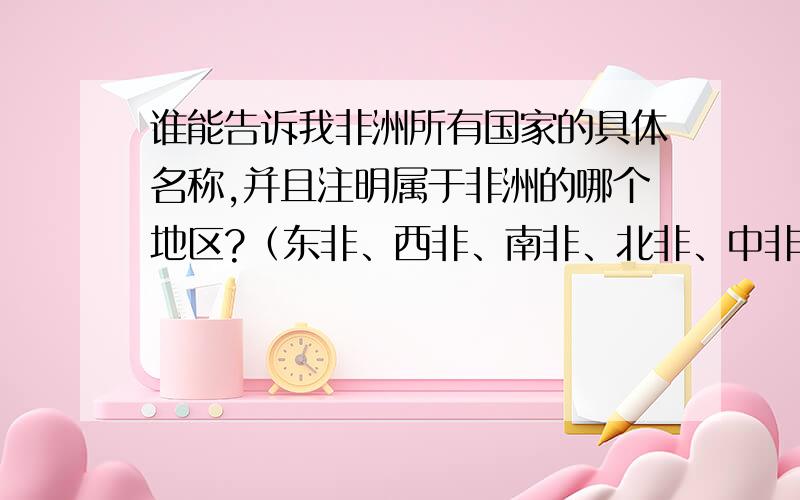 谁能告诉我非洲所有国家的具体名称,并且注明属于非洲的哪个地区?（东非、西非、南非、北非、中非）.