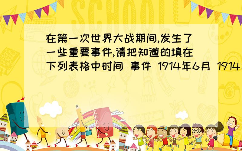 在第一次世界大战期间,发生了一些重要事件,请把知道的填在下列表格中时间 事件 1914年6月 1914年7月28日1914年9月1917年11月（俄历10月）1918年11月11日