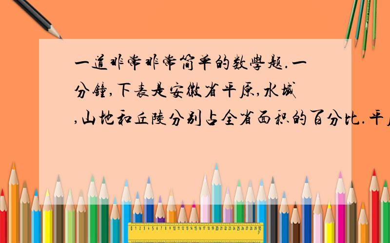 一道非常非常简单的数学题.一分钟,下表是安徽省平原,水域,山地和丘陵分别占全省面积的百分比.平原 水域 山地 丘陵占全省面积的百分比 31.3％ 8.0％ 31.2％ 29.5％1、安徽省境内平原面积和全