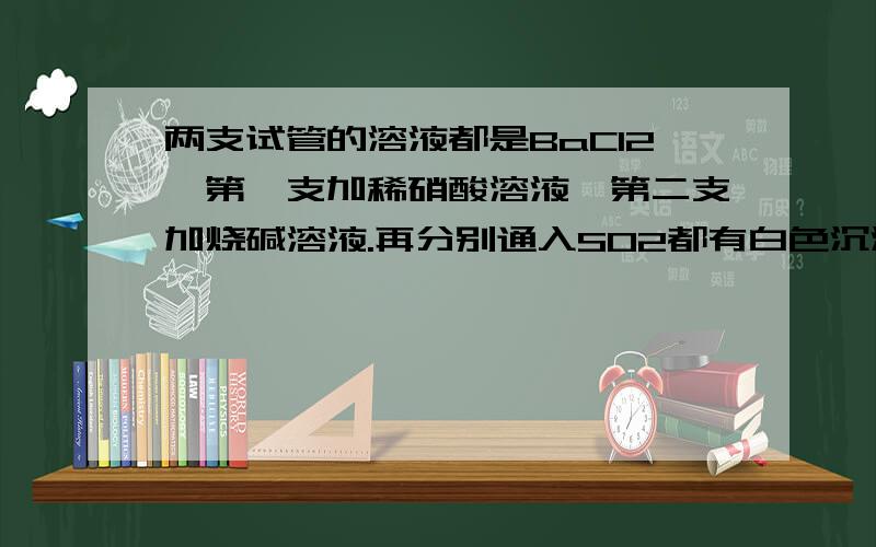 两支试管的溶液都是BaCl2,第一支加稀硝酸溶液,第二支加烧碱溶液.再分别通入SO2都有白色沉淀生成.如题A、证明SO2有强氧化性和酸性 （SO2好像没酸性把?）B、若第一支试管先通入 Cl2 ,再通入 SO