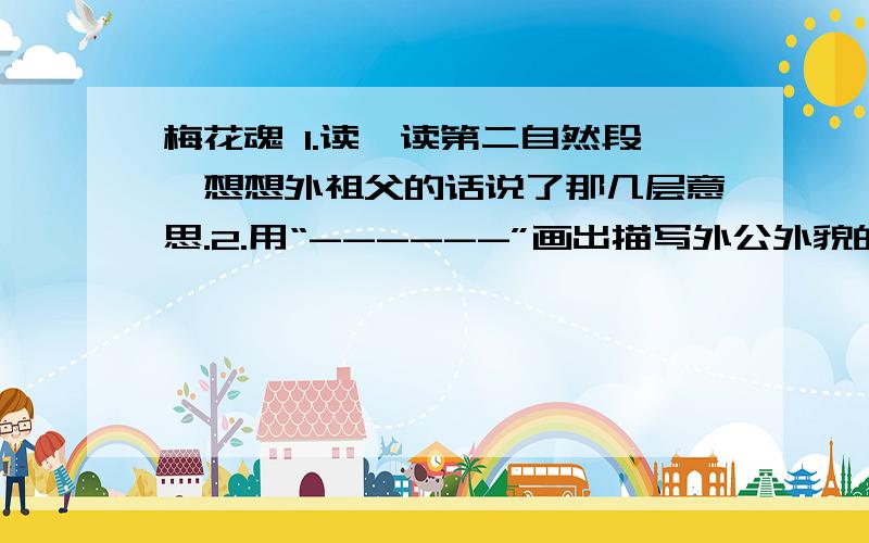 梅花魂 1.读一读第二自然段,想想外祖父的话说了那几层意思.2.用“------”画出描写外公外貌的句子,从这些语句中你体会到什么离别的前一天早上，外祖父早早地起了床，把我叫到书房里，