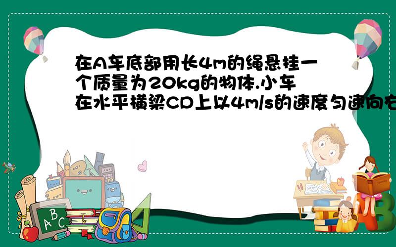 在A车底部用长4m的绳悬挂一个质量为20kg的物体.小车在水平横梁CD上以4m/s的速度匀速向右运动、这是绳对B