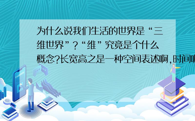 为什么说我们生活的世界是“三维世界”?“维”究竟是个什么概念?长宽高之是一种空间表述啊,时间呢?无论空间还是时间,万事万物都可以用“0”和“1”这两种状态表示.所以我认为世界应