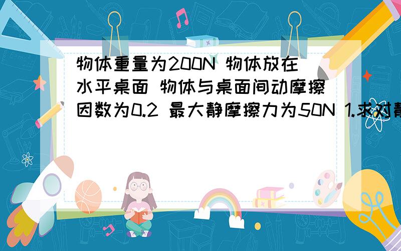 物体重量为200N 物体放在水平桌面 物体与桌面间动摩擦因数为0.2 最大静摩擦力为50N 1.求对静止物体施加20N和45N 时物体受摩擦力多大?2.物体均匀运动时候水平拉力多大 3.施加60N的水平拉力时.