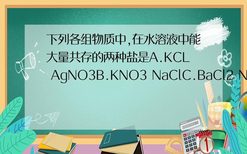 下列各组物质中,在水溶液中能大量共存的两种盐是A.KCL AgNO3B.KNO3 NaClC.BaCl2 Na2SO4D.Na2CO3 HCl为什么，请说出原因