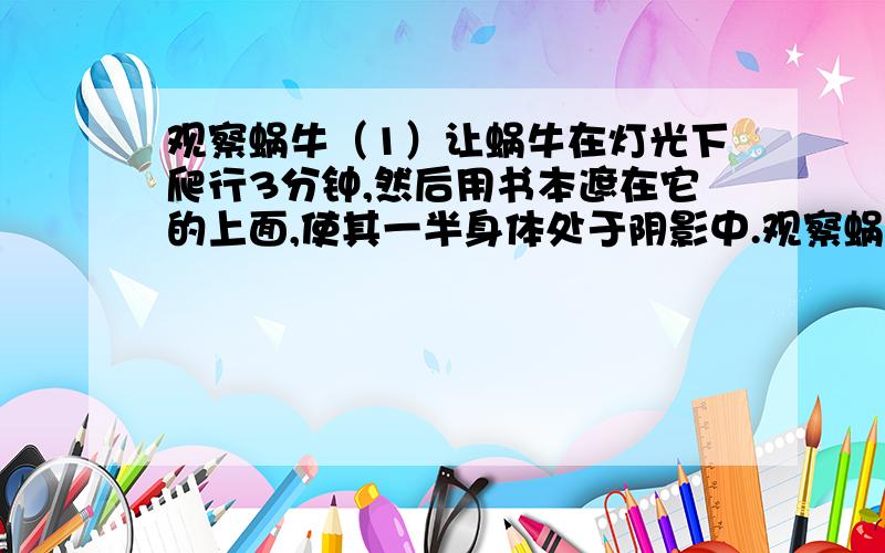 观察蜗牛（1）让蜗牛在灯光下爬行3分钟,然后用书本遮在它的上面,使其一半身体处于阴影中.观察蜗牛的行为.（写详细点）.（2）用铅笔分别触碰蜗牛的足等部位.观察蜗牛的行为：触碰足,蜗