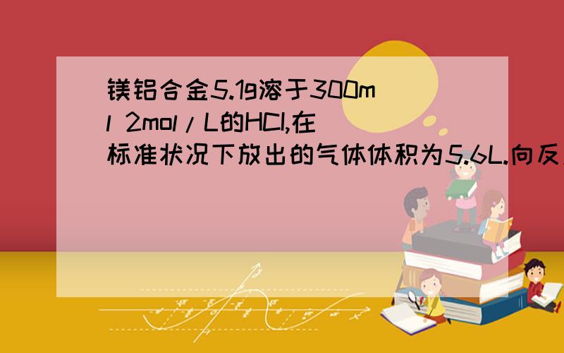 镁铝合金5.1g溶于300ml 2mol/L的HCI,在标准状况下放出的气体体积为5.6L.向反应后的溶液中加足量氨水,问沉淀质量!