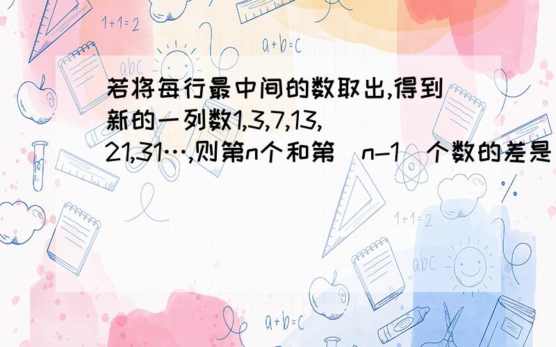 若将每行最中间的数取出,得到新的一列数1,3,7,13,21,31…,则第n个和第（n-1）个数的差是多少?其中有两个相邻的数的差是24,那么这两个数分别在原数表的第几行?