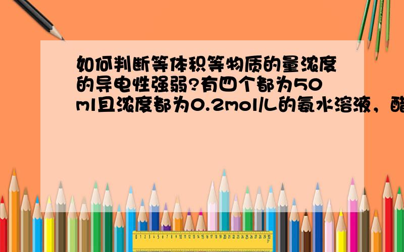 如何判断等体积等物质的量浓度的导电性强弱?有四个都为50ml且浓度都为0.2mol/L的氨水溶液，醋酸溶液，硫酸溶液和硝酸溶液，问导电能力最好的是？思路阿。