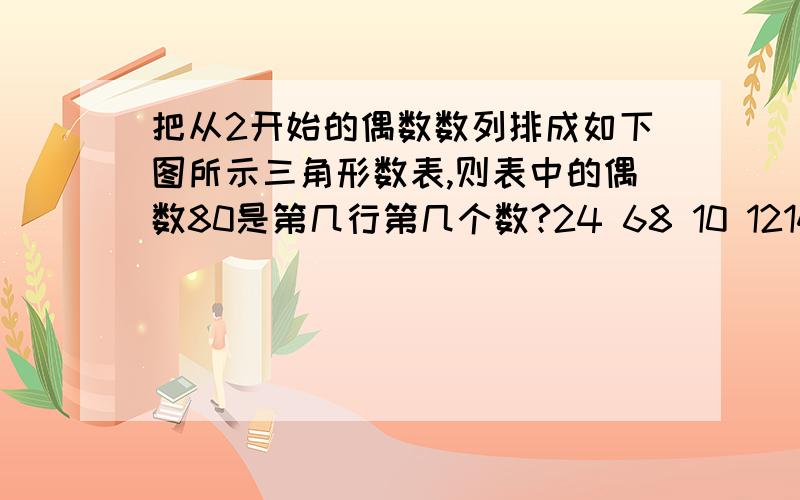 把从2开始的偶数数列排成如下图所示三角形数表,则表中的偶数80是第几行第几个数?24 68 10 1214 16 18 20...........