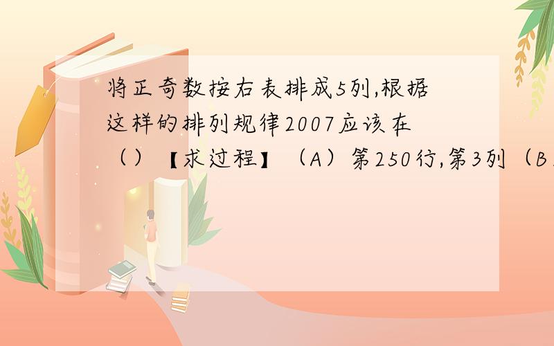 将正奇数按右表排成5列,根据这样的排列规律2007应该在（）【求过程】（A）第250行,第3列（B）第250行,第4列（C）第251行,第3列（D）第251行,第5列1列 2列 3列 4列 5列1行 1 3 5 72行 15 13 11 93行 17 19