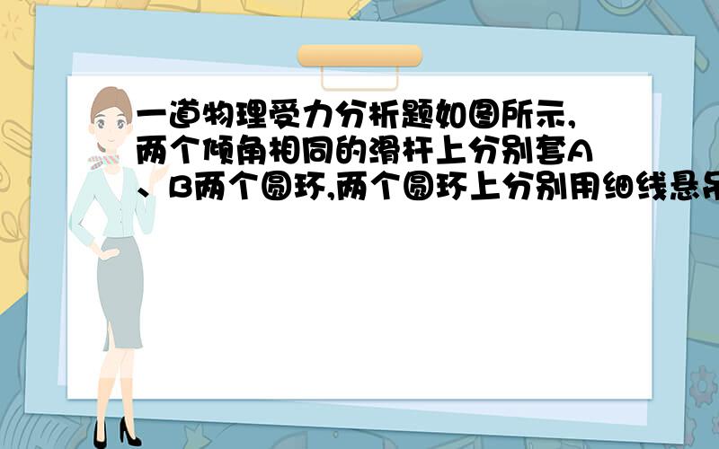 一道物理受力分析题如图所示,两个倾角相同的滑杆上分别套A、B两个圆环,两个圆环上分别用细线悬吊着两个物体C、D,当它们都沿滑杆向下滑动时,A的悬线与杆垂直,B的悬线竖直向下.则下列说